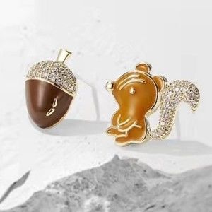 Korean Squirrel Acorn Stud Earrings Enamel Pave Goldtone 925 SIlver Posts 001A2
